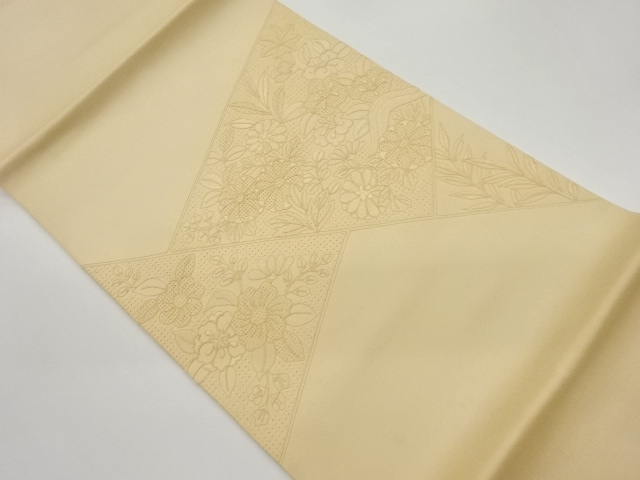 汕頭刺繍草花模様開き名古屋帯（額縁仕立て）